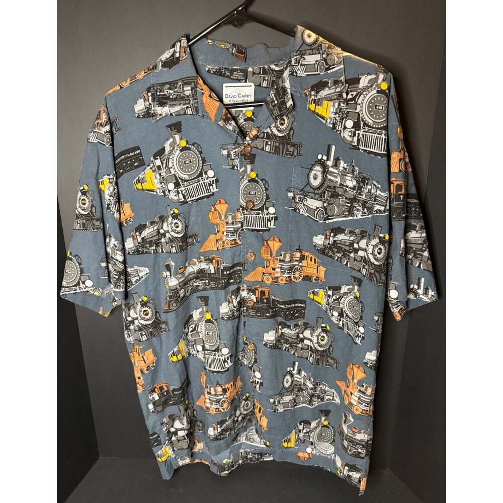 Vtg David Carey Button Hawaiian Shirt Mens L Blue Locomotive Trains AOP Rayon